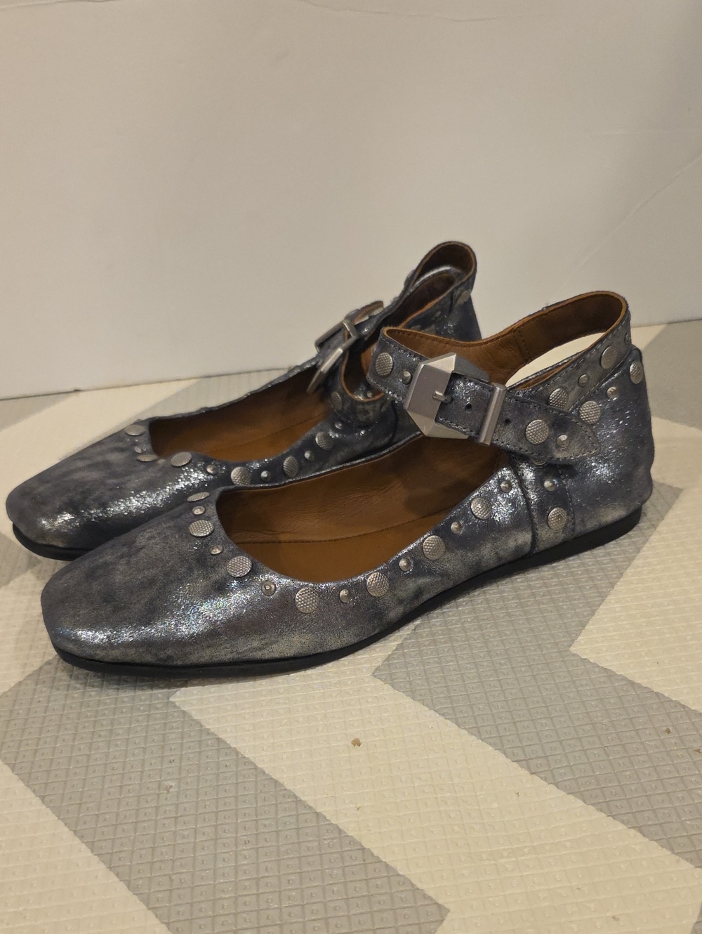Free People Studded Mary Jane Women Flats in Gray EU 37.5